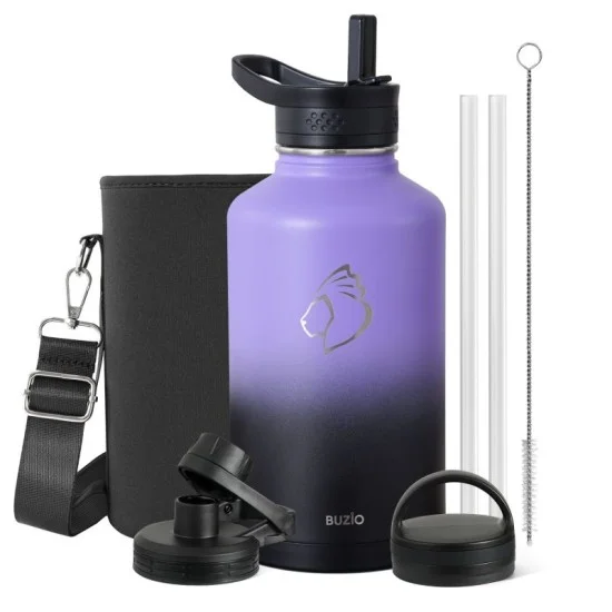 Buzio Trio Series Water Bottle with 3 Lids and Sleev 1.9L - Purple Black